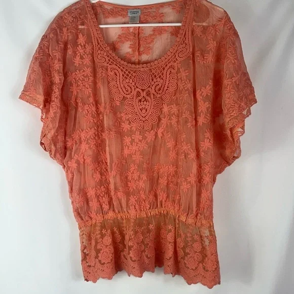Charming Charlie gauzy lacy batwing peplum sheer top Sz L in orange - Picture 3 of 10